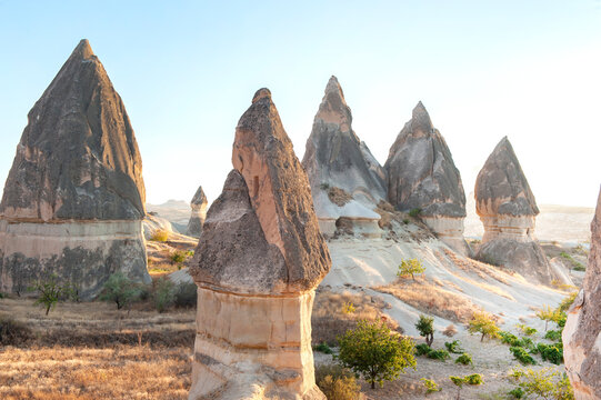 Phallic shaped rock formations in the volcanic landscape of Cappadocia national park in the beautiful Anatolian region of central Turkey.