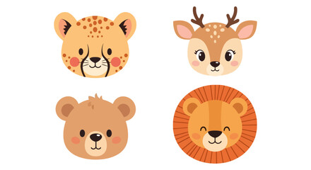 Fototapeta premium Cute Cartoon Animal Faces Leopard Deer Bear Lion Flat Design Illustration.