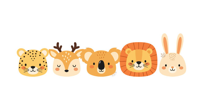 A colorful row of cartoon animal faces including leopard deer bear lion and rabbit.