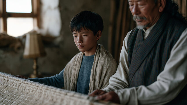 Tibetan teenage boy in Western clothing secretly watching elder uncle weave traditional pattern by lamplight, caught between worlds, cultural shame and curiosity, identity
