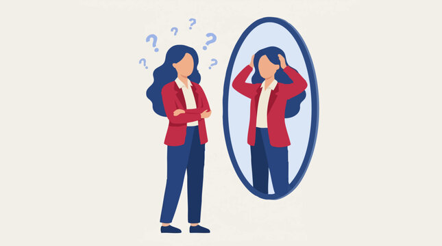 Woman questioning identity, self-doubt, and confusion in front of mirror