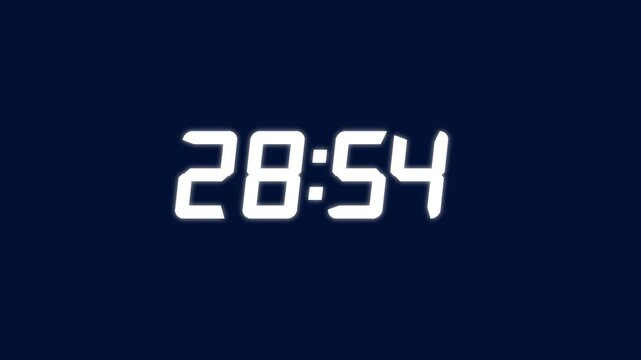 Countdown timer from 29 minute to 28 minute on black background. Digital stopwatch displaying time lapse progressing from start to finish.