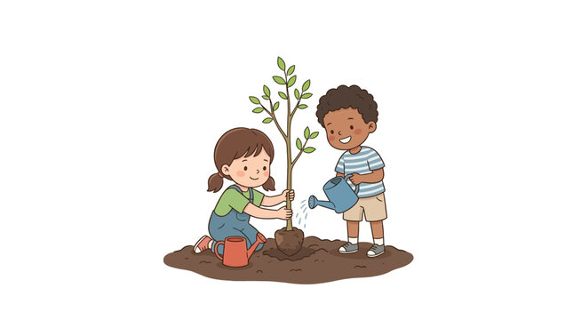 Children planting a tree together watering and caring for nature