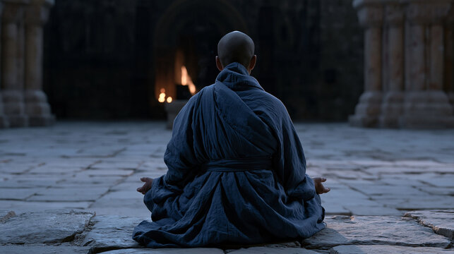 Monk seated in pre-dawn dimness on a stone floor, back straight, hands resting open on knees, breath visible in cold morning air, contemplative prayer practice captured as wide