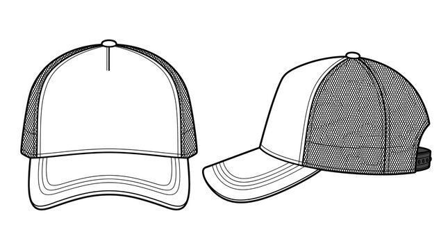 Technical Flat Vector Trucker Hat Blueprint Front Side Template Illustration Design.