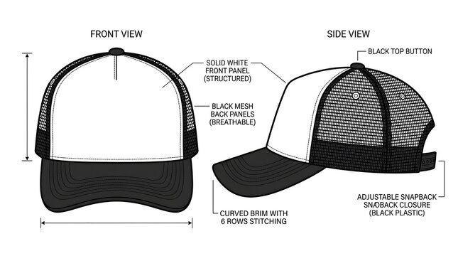 Technical Flat Vector Trucker Hat Blueprint Front Side Template Illustration Design.