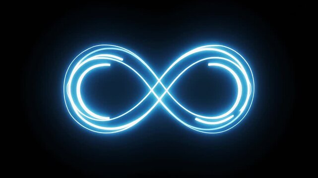Glowing blue neon infinity symbol with flowing light trails representing eternal motion, digital technology, and high-tech energy loops on black