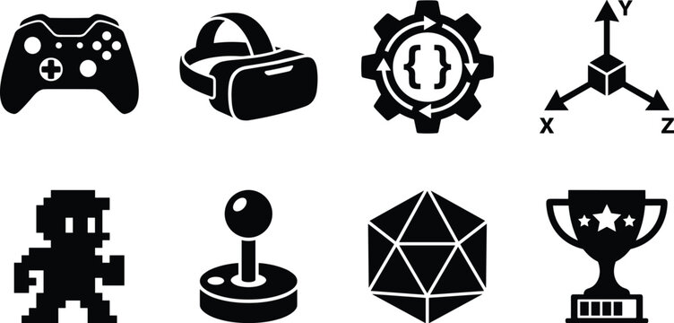Video game development and gaming industry vector icon set representing software programming and electronic entertainment conceptsVideo game development and gaming industry vector 