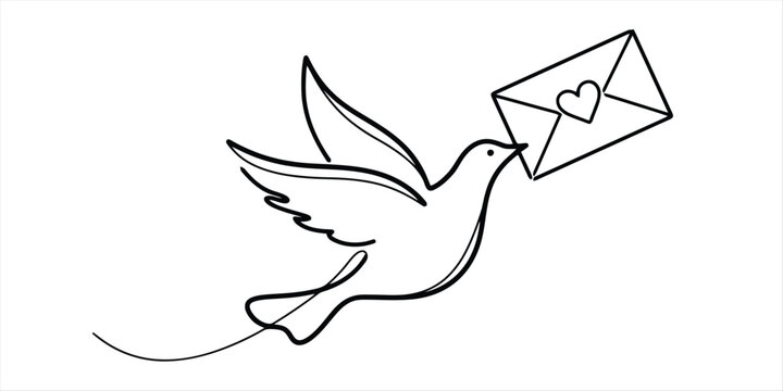 Continuous line drawing of a flying dove carrying a love letter envelope with a heart Vector, illustration