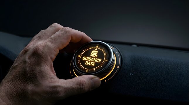 Human hand adjusting a glowing guidance data control knob in a modern high tech vehicle interior