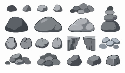 Minimal Cartoon Rock and Stone Elements Collection Natural Environment Terrain Vector Set White Background © MdFaruk