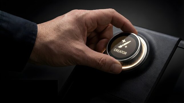 Hand adjusting a digital control knob with creator mode icon in a modern high tech automotive dashboard