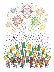 Fototapeta premium Children celebrating with flags and fireworks