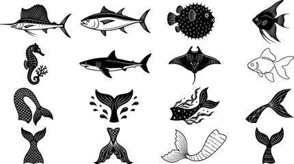 Sea fish and mermaid tails vector silhouettes set featuring shark swordfish seahorse stingray tuna pufferfish and decorative ocean marine elements © MdMehedi