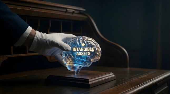 Professional hand holding glowing glass brain concept representing intangible assets