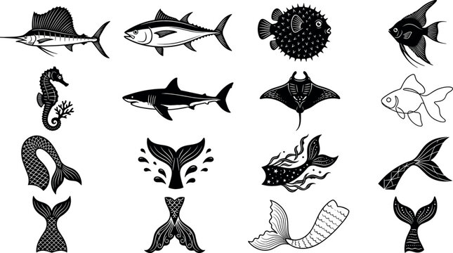 Sea fish and mermaid tails vector silhouettes set featuring shark swordfish seahorse stingray tuna pufferfish and decorative ocean marine elements