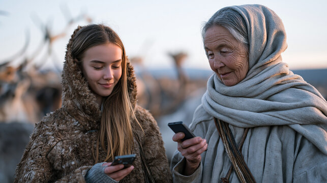 Sami elder woman and her teenage granddaughter reindeer-herding together at misty dawn, the younger generation wearing traditional outer garment while scrolling a device