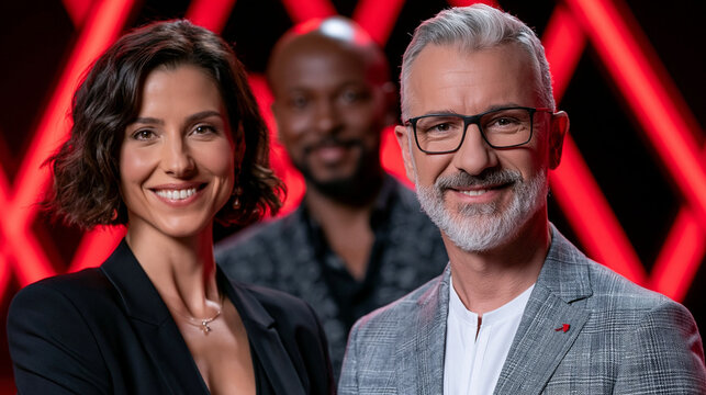 Frau und Mann mit Brille im TV-Studio mit rotem B&uuml;hnenlicht