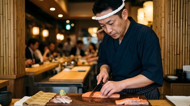 Professional japanese chef meticulously slicing fresh salmon wooden board warm lit restaurant counter authentic culinary business usage.