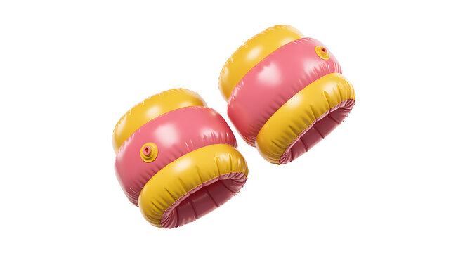 Pair of inflatable armbands pink and yellow buoyancy aids for swimming isolated on white background for summer fun and safety.