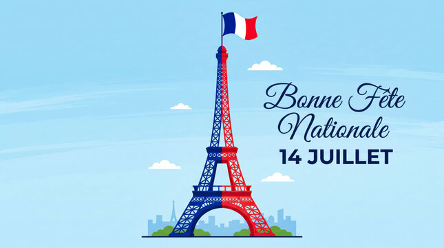 Bonne F&ecirc;te Nationale 14 Juillet greeting, Eiffel Tower with French flag on blue sky background, Bastille Day celebration banner with tricolor landmark
