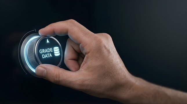 Hand adjusting a digital knob to optimize data quality and database grading for business intelligence