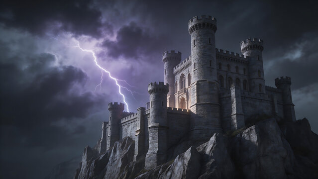 Castle on cliff with lightning