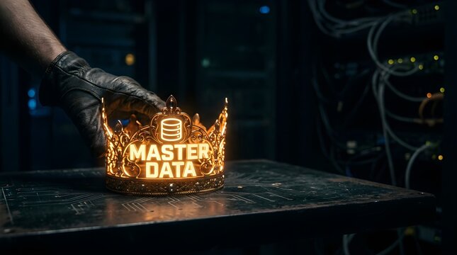 Gloved hand places glowing master data crown on server rack surface for digital strategy