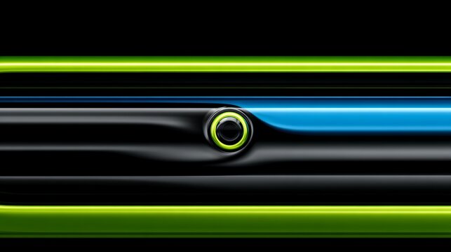 Abstract futuristic background with horizontal green and blue glowing lines and metallic circular lens device cyber tech design