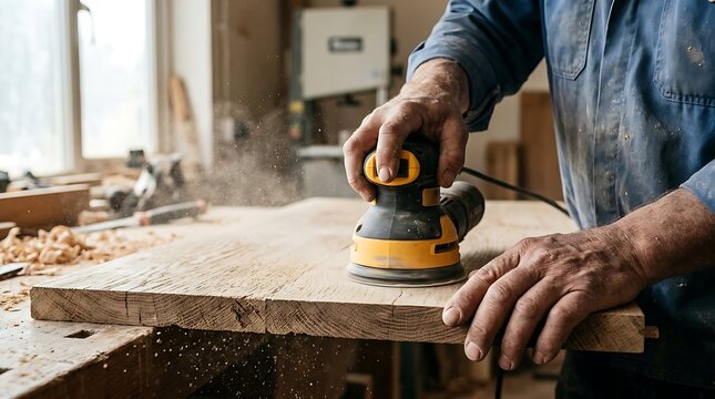 Close up of a carpenter using a power sander to smooth a wooden surface in a workshop with carpentry woodworking carpenter workshop