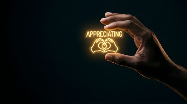 Hand holding glowing appreciating heart symbol concept for gratitude