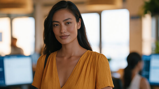 Middle-aged Filipino woman being deliberately excluded from a workplace group chat visible on a coworker's screen as she passes, her peripheral awareness of it registered in a