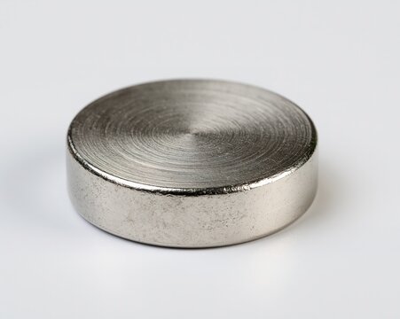 Circular metallic magnet against plain white background.