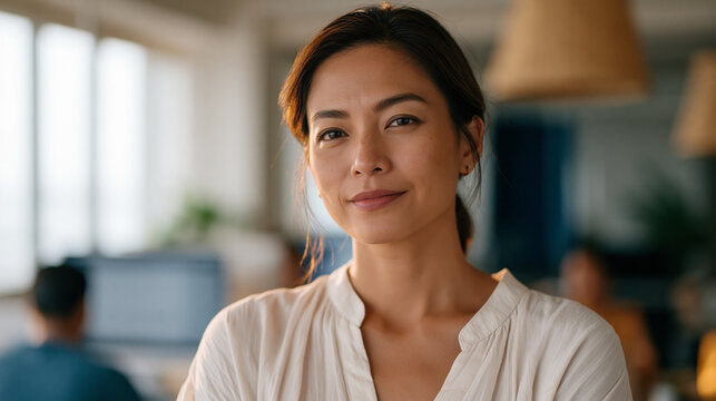 Middle-aged Filipino woman being deliberately excluded from a workplace group chat visible on a coworker's screen as she passes, her peripheral awareness of it registered in a