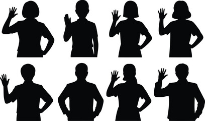 Set of black silhouettes of diverse people waving their hands in greeting gesture © Milon Store