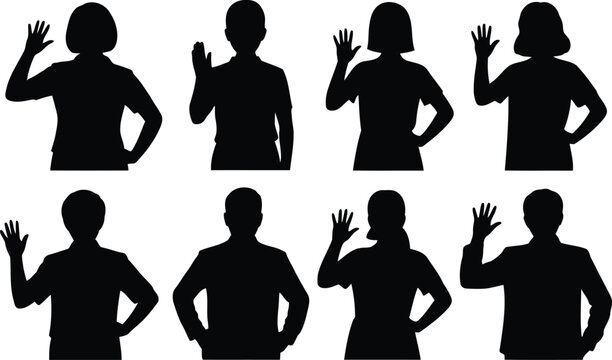 Set of black silhouettes of diverse people waving their hands in greeting gesture