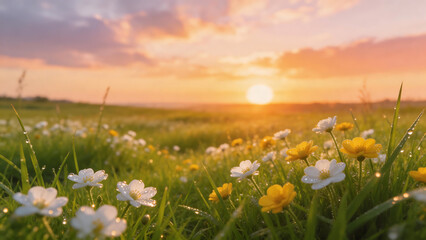 Fototapeta premium Sunset field with flowers and dew