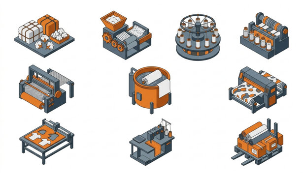 Isometric textile factory icons with 3D garment production workflow and clothing manufacturing machinery vectors