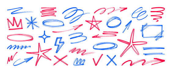 Red and blue colored pencil doodles set. Hand-drawn elements with high detail - featuring arrows, stars, crowns, circles, lightning, check marks. Playful scribbles graphic box. Vector doodles set © SergeyBitos