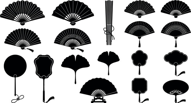 Traditional oriental hand fan silhouettes vector set featuring vintage Japanese folding fans Chinese uchiwa sensu and ginkgo leaf shaped elements