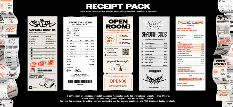 Different receipt templates - promo coupons, streetwear drop cards, , music album tracklist, branding insert, retro print flyer, packaging card. Streetwear receipts mockup in y2k style. Vector graphic