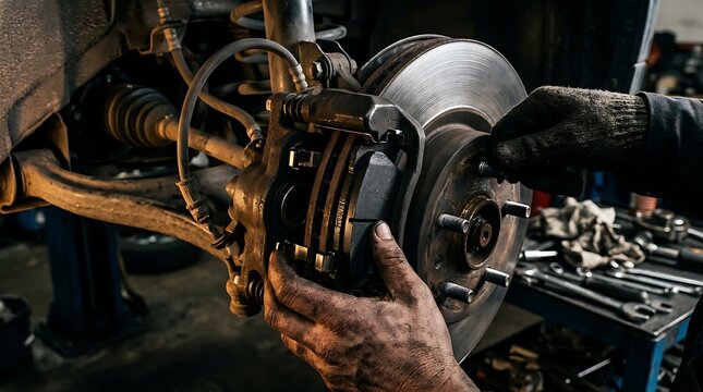 Mechanic performing brake disc and pad maintenance in workshop with mechanic workshop maintenance automotive technical professional