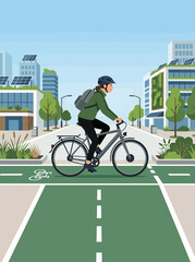 Fototapeta premium Woman cycling on a green bike lane in a sustainable city with solar panels