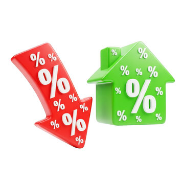 Green house icon with percentages and red down arrow with percentages symbolising interest rate decrease or mortgage reduction and financial savings concept.