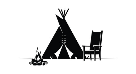 Tipi Tent Campfire And Chair Silhouette Against White Background © Nasima
