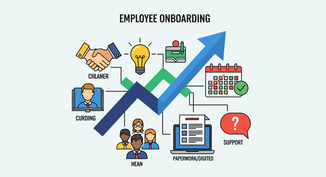 Employee onboarding process flowchart on computer screen with team