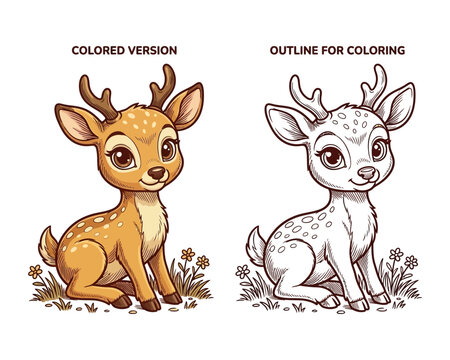 Cute baby deer illustration with a colored version and a black and white outline for coloring.