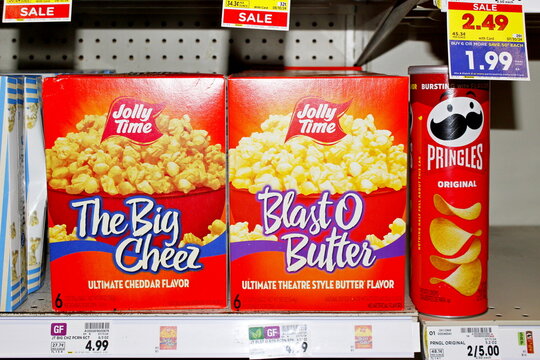 JOLLY TIME POPCORN boxes closeup shelf