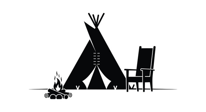 Tipi Tent Campfire And Chair Silhouette Against White Background