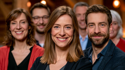 Fototapeta premium Fünf lächelnde Personen stehen als Gruppe eng zusammen in Innenraum